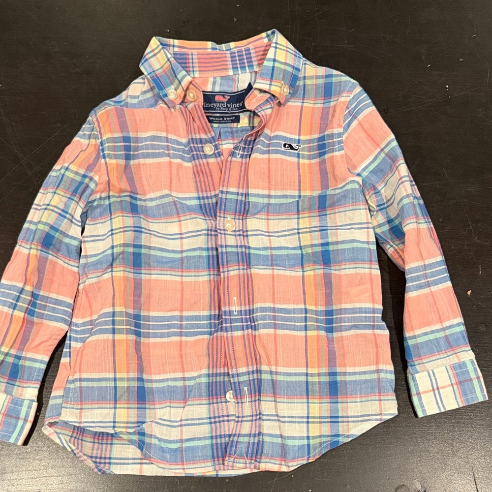Vineyard Vines Peach and Blue Plaid Button-Down Shirt